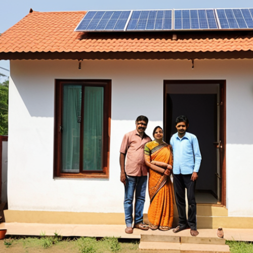 Home 11 A bright, sunlit modern Indian home with visible solar panels on its rooftop. A happy Indian family stands in front of the house, perhaps looking at a tablet displaying significant electricity bill savings or a grid meter spinning slowly. The scene should convey a sense of self-reliance, financial benefit, and a clean, sustainable lifestyle achieved through residential solar energy, showing it as a common and empowering solution.