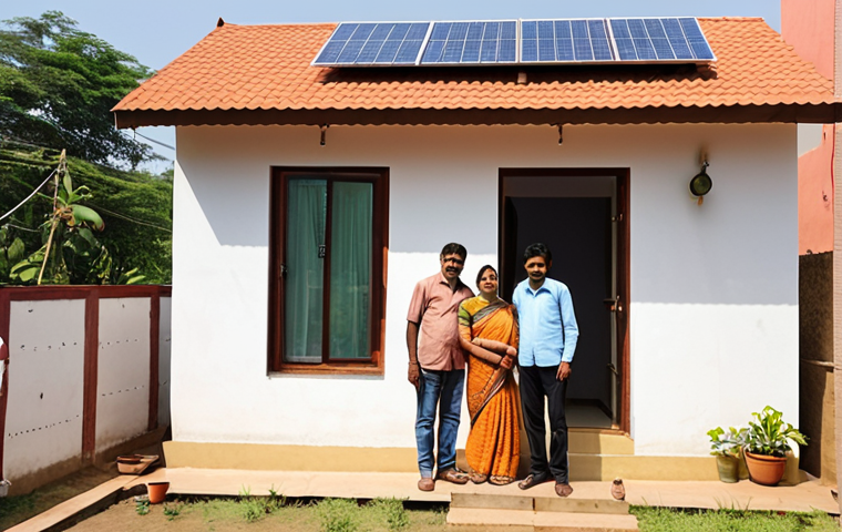 A bright, sunlit modern Indian home with visible solar panels on its rooftop. A happy Indian family stands in front of the house, perhaps looking at a tablet displaying significant electricity bill savings or a grid meter spinning slowly. The scene should convey a sense of self-reliance, financial benefit, and a clean, sustainable lifestyle achieved through residential solar energy, showing it as a common and empowering solution.