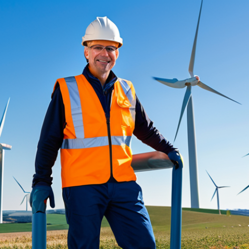 Home 6 A professional wind turbine technician, fully clothed in appropriate safety gear including a helmet and harness, stands on a platform near the nacelle of a massive, modern wind turbine. The gigantic turbine blades are visible against a clear blue sky, with a vast wind farm stretching into the rural landscape in the background. The technician exhibits perfect anatomy, correct proportions, and a natural pose, with well-formed hands, proper finger count, and natural body proportions. The image emphasizes the scale and precision of wind energy infrastructure. safe for work, appropriate content, fully clothed, professional, modest clothing, family-friendly, high quality, professional photography.