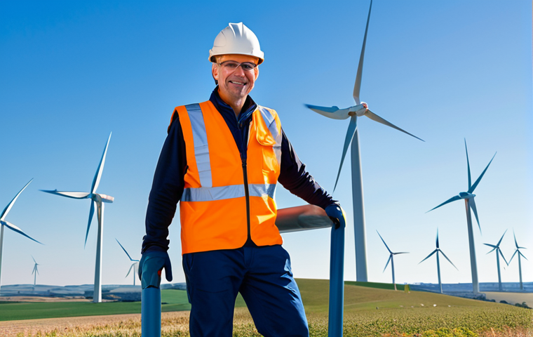 A professional wind turbine technician, fully clothed in appropriate safety gear including a helmet and harness, stands on a platform near the nacelle of a massive, modern wind turbine. The gigantic turbine blades are visible against a clear blue sky, with a vast wind farm stretching into the rural landscape in the background. The technician exhibits perfect anatomy, correct proportions, and a natural pose, with well-formed hands, proper finger count, and natural body proportions. The image emphasizes the scale and precision of wind energy infrastructure. safe for work, appropriate content, fully clothed, professional, modest clothing, family-friendly, high quality, professional photography.