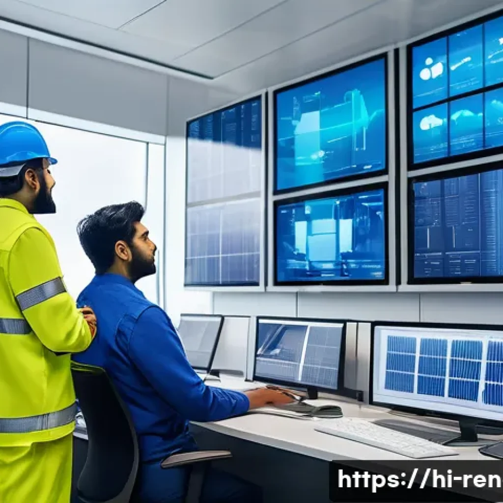 신재생에너지발전설비 직무 스트레스 관리법 - A detailed and realistic illustration of an energy sector workplace showing a diverse team of Indian...
