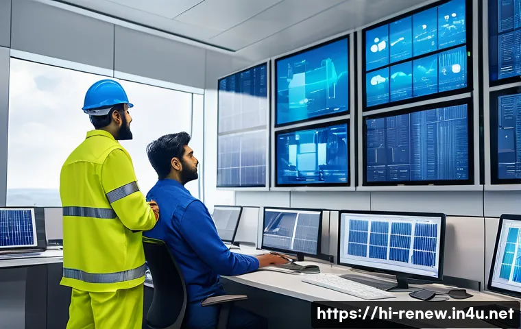 신재생에너지발전설비 직무 스트레스 관리법 - A detailed and realistic illustration of an energy sector workplace showing a diverse team of Indian...