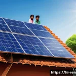 신재생에너지발전설비와 재생에너지 정책 동향 - A vibrant rooftop solar panel installation in a typical Indian urban household with visible Devanaga...