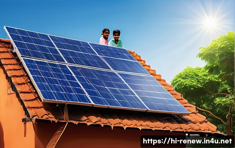신재생에너지발전설비와 재생에너지 정책 동향 - A vibrant rooftop solar panel installation in a typical Indian urban household with visible Devanaga...