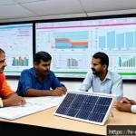 신재생에너지발전설비 실무에서 흔한 실수 - A detailed scene showing a solar energy project planning meeting in India, with professionals analyz...