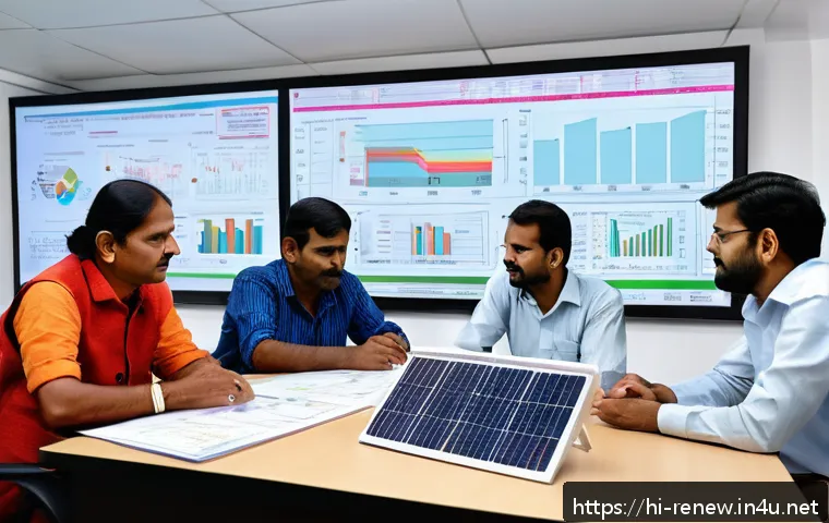 신재생에너지발전설비 실무에서 흔한 실수 - A detailed scene showing a solar energy project planning meeting in India, with professionals analyz...