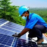 신재생에너지발전설비 성공적인 커리어 개발 - A detailed scene of a young Indian male solar panel installer wearing protective gear and a uniform,...
