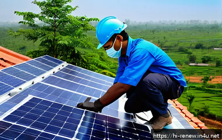신재생에너지발전설비 성공적인 커리어 개발 - A detailed scene of a young Indian male solar panel installer wearing protective gear and a uniform,...