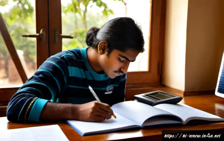 신재생에너지발전설비 이론 공부법 - Photorealistic Indian engineering student studying renewable energy power generation theory at a cle...